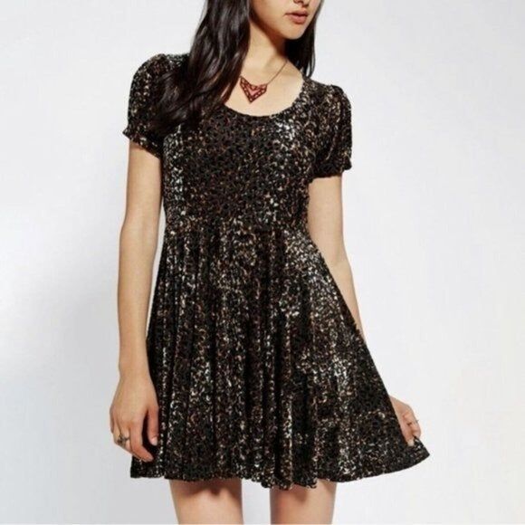 MinkPink Russian Roulette Black & Brown Velvet Leopard Print Mini Dress XS - Picture 1 of 4